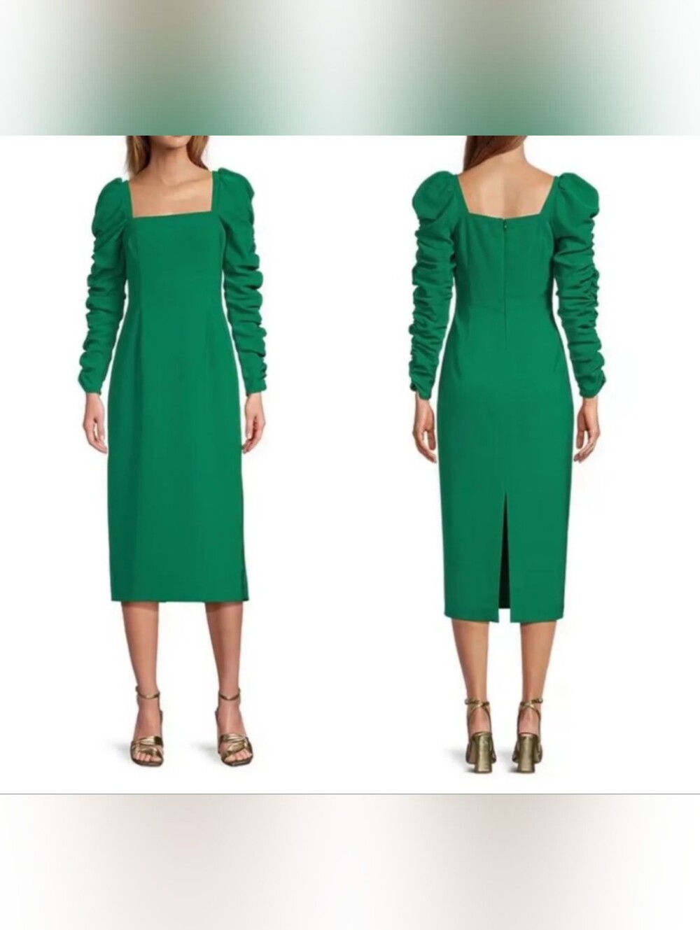 NWT Antonio Melani Elena Crepe Square Neck Long Ruched Sleeve Midi Dress